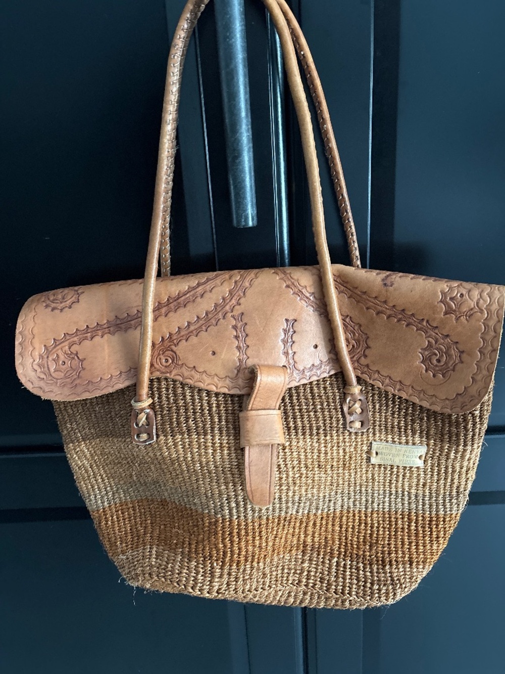 Leather-Trim Woven Sisal Shoulder Bag in Tan (like jute) neutral shades beiges
